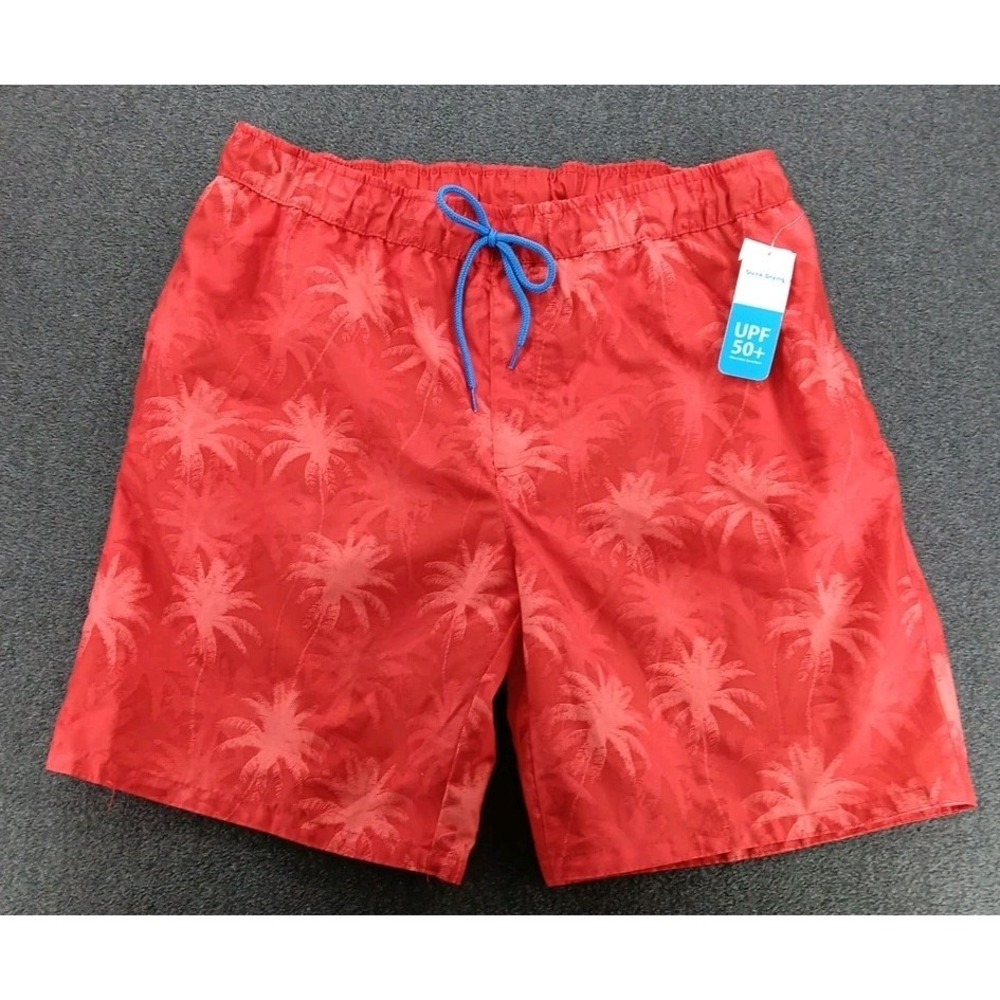 Mens Swim Trunks Large UPF‎ 50+ Red Palm Tree Dream Wave Draw String Webbing New